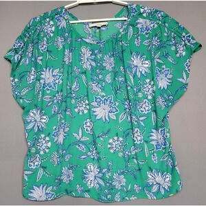 LOFT Top Womens XL Green Blue Floral Print Short Sleeve Lightweight Shirt Blouse